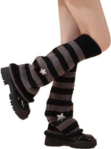 Yeooa Calentadores Hip Hop Punk para Mujer Calcetines largos de punto con estampado de estrellas para chicas adolescentes Y2k Fashion Harajuku Kawaii Warm Socks College Style (Negro Gris,Un tamaño)