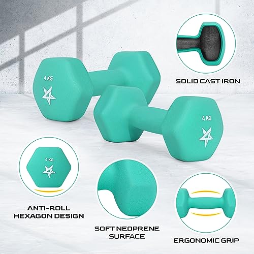 Yes4All WCZV Hexagonales Par de mancuernas de neopreno (1 kg to 7 kg) - Pesos Fitness, 4 KG x 2, Teal