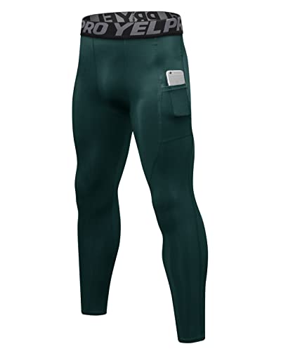 Yimutian Mallas de Compresión para Hombre de Secado Rápido, Leggings Largos Pantalones de Entrenamiento con Bolsillos para Correr Gym Verde Oscuro M