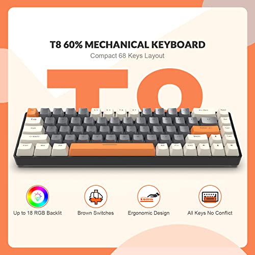 YINDIAO T8 60% Teclado Mecánico para Juegos,US Layout Teclado,Compacto TKL de 68 Teclas,Retroiluminación 18 RGB,Interruptor Marrón,Anti-ghosting,Cable USB-C en Espiral Pro,para PC,Mac,PS4 -Milkshake