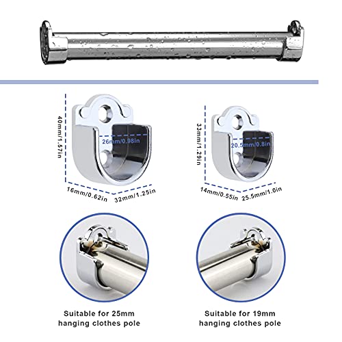 YINETTECH 2 pares de soportes para barra de armario, 19 mm de diámetro, 25 mm, aleación de zinc plateado, para armario, baño, ducha, cocina, barra colgante