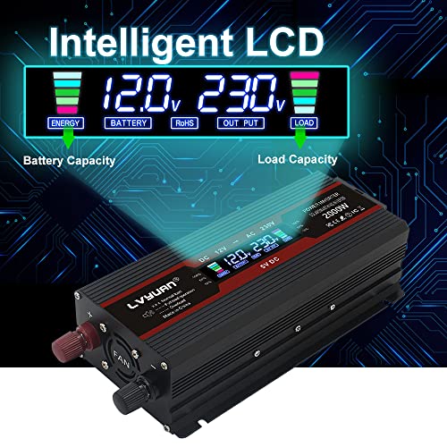 Yinleader Inversor de Corriente 12v 220v 2000W Transformador LCD 2 USB - Negro