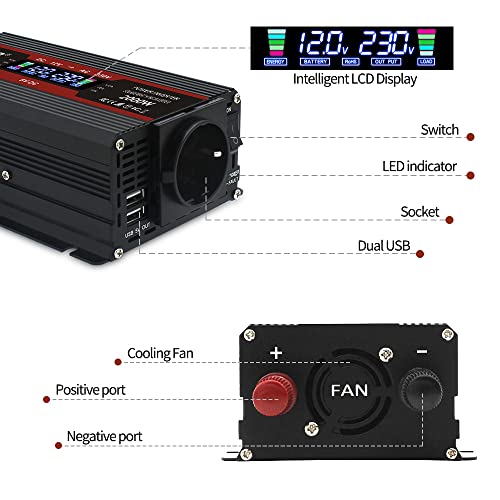 Yinleader Inversor de Corriente 12v 220v 2000W Transformador LCD 2 USB - Negro