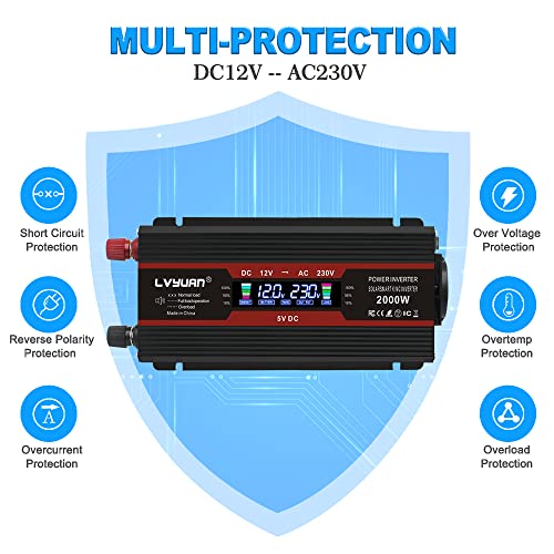 Yinleader Inversor de Corriente 12v 220v 2000W Transformador LCD 2 USB - Negro