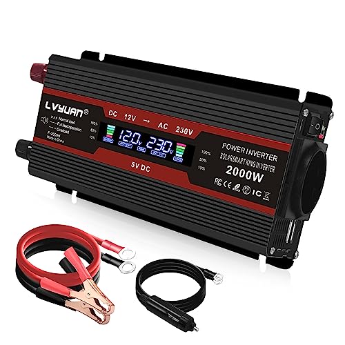 Yinleader Inversor de Corriente 12v 220v 2000W Transformador LCD 2 USB - Negro