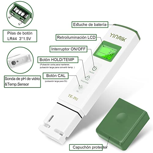 YINMIK Medidor pH y TDS Profesional, 4 en 1 medidor de pH Digital de Calidad del Agua, probador Multifuncional de pH TDS EC con función ATC, para Agua Potable, Piscina, Agua de casera, Agua RO