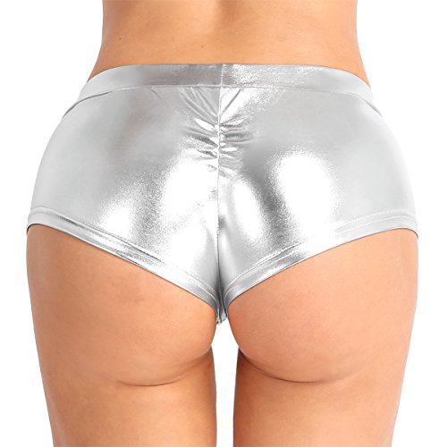 YiZYiF Pantalones Cortos Push Up Mujer Chica Wetlook Bikini Sexy Shorts Brillantes Mini Pantalones Hot Pantis Culottes Ropa Pole Dance Clubwear Plateado S