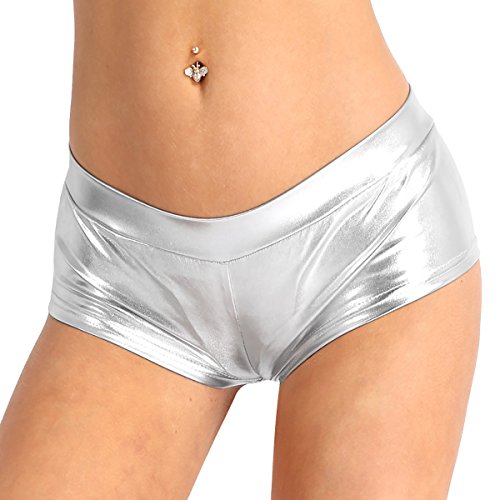 YiZYiF Pantalones Cortos Push Up Mujer Chica Wetlook Bikini Sexy Shorts Brillantes Mini Pantalones Hot Pantis Culottes Ropa Pole Dance Clubwear Plateado S