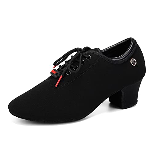 YKXLM Zapatos de Baile Latino Mujer Cerrados Bachata y Salsa Lace Up Zapatos de Baile Moderno de Tacón Bajo de para Mujer,S-5CM-Negro,37 EU