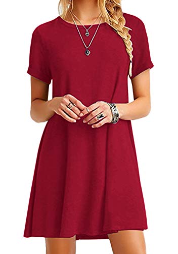 YMING Mujeres Camiseta De Manga Corta Cuello Redondo Mini Vestido Casual Túnica Tops Loose Fit Swing Vestido Rojo Vestido XXXL