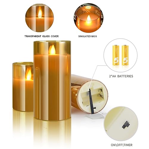 YMing Velas LED sin llama, funciona con pilas, velas parpadeantes de cera real, juego de velas eléctricas, con efecto de cristal dorado con temporizador remoto, paquete de 3 unidades (weiß)