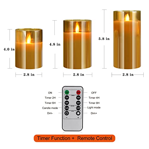 YMing Velas LED sin llama, funciona con pilas, velas parpadeantes de cera real, juego de velas eléctricas, con efecto de cristal dorado con temporizador remoto, paquete de 3 unidades (weiß)