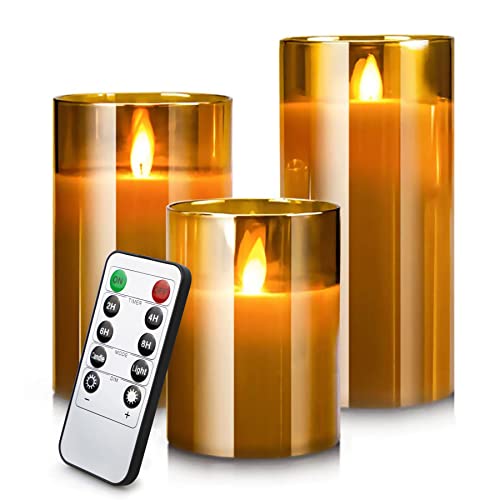 YMing Velas LED sin llama, funciona con pilas, velas parpadeantes de cera real, juego de velas eléctricas, con efecto de cristal dorado con temporizador remoto, paquete de 3 unidades (weiß)