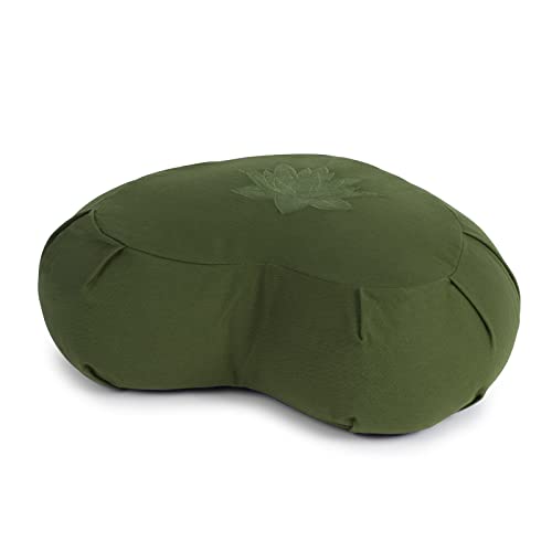 Yoga Studio Lotus Crescent Zafu - 42 x 13 x 18 cm, puf de meditación con Funda de algodón, Cascos de Trigo sarraceno, asa de Transporte, Accesorios de Yoga (Verde)