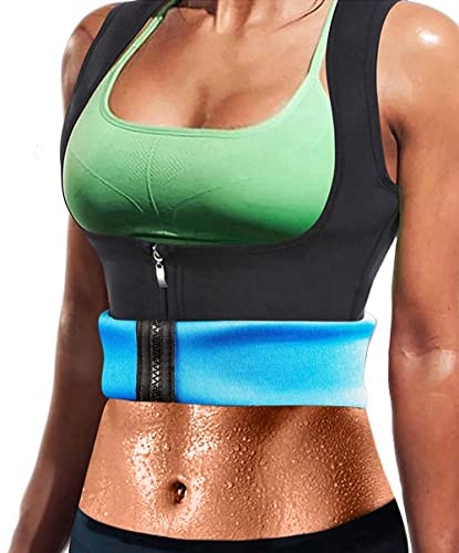 Yokald Nueva Chaleco Sauna Deportivo Mujer Fajas Reductoras Adelgazantes Abdominal Neopreno Camiseta Sudoración Compresión de Cremallera para Deporte Fitness (Azul, 2XL)