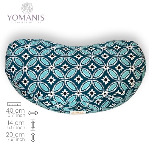 YOMANIS Crescent Chandra Zafu - Cojín para yoga y meditación (40 cm de ancho, altura del asiento 14 cm, social y justo, algodón ecológico certificado Öko Tex, piel de espelta orgánica, cojín de viaje,