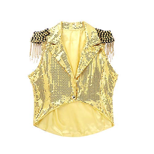 YOOJIA Chaqueta Chaleco con Lentejuelas de Fiesta Mujeres Adultos Traje Brillante Pole Dance Danza Jazz Disfraz FRAC Caballero Dorado Talla Única