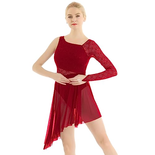 YOOJIA Vestido Elegante Mujer con Manga Larga Vestido Solido con Cintura Vestido Asimetrico Disfraz Danza Contemporanea Ropa Baile Salsa Mujer S-XXL borgoña A S