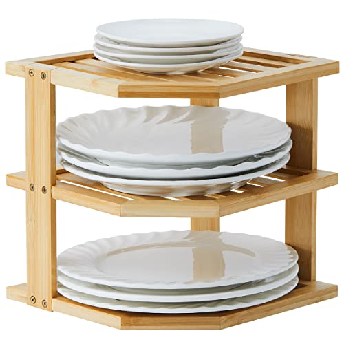 YOUDENOVA Organizador de vajilla de bambú, 25 x 25 x 25 cm, 3 niveles para estante de cocina, escurridor, escurridor de platos, soporte para platos