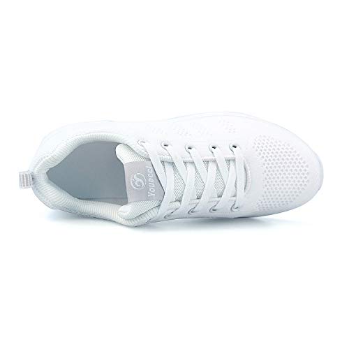 Youecci Zapatillas Deportivas de Mujer Air Cordones Zapatillas de Running Fitness Sneakers Gimnasio Zapatos Running Deportivos Correr Casual Ligero Comodos Respirable Blanco 43 EU