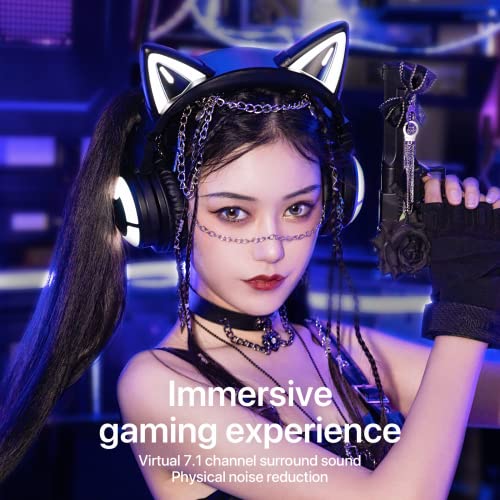 YOWU Auriculares de Oreja de Gato RGB 3G, Auriculares para Juegos con Sonido Envolvente 7.1, micrófono Integrado e iluminación Personalizable y Efecto a través de la aplicación, Cable Tipo C, Negro