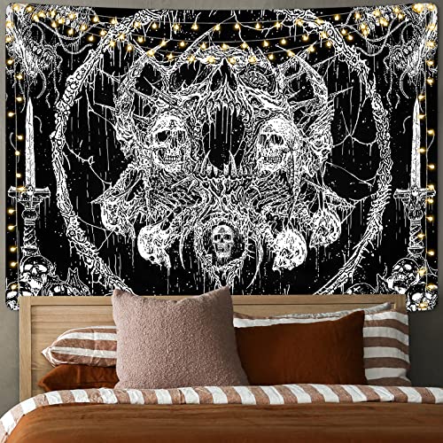 Yrendenge Tapiz de pared de calavera, calavera humana, tapiz en blanco y negro, estilo estético, hippie, gótico, tapiz, dormitorio, decoración del hogar, 210 x 150 cm