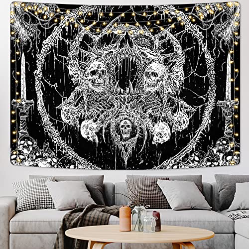 Yrendenge Tapiz de pared de calavera, calavera humana, tapiz en blanco y negro, estilo estético, hippie, gótico, tapiz, dormitorio, decoración del hogar, 210 x 150 cm