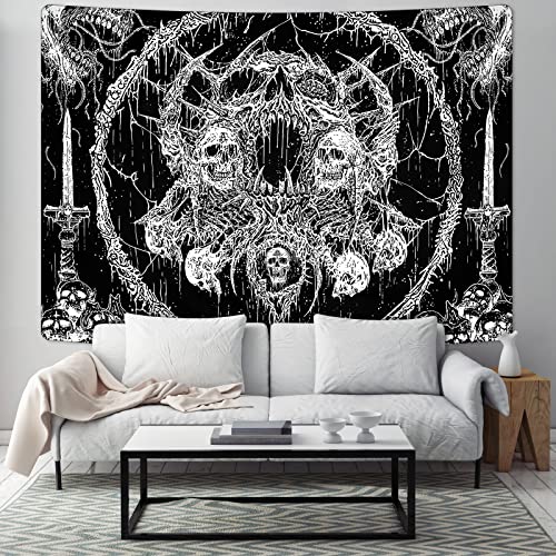 Yrendenge Tapiz de pared de calavera, calavera humana, tapiz en blanco y negro, estilo estético, hippie, gótico, tapiz, dormitorio, decoración del hogar, 210 x 150 cm