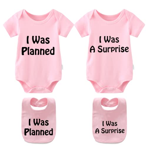 YSCULBUTOL Body para bebé gemelos, I was Planned I was a Surprise, conjunto de dos para gemelos, body para bebé, regalo para bebé, Pink Planned, 6-12 meses