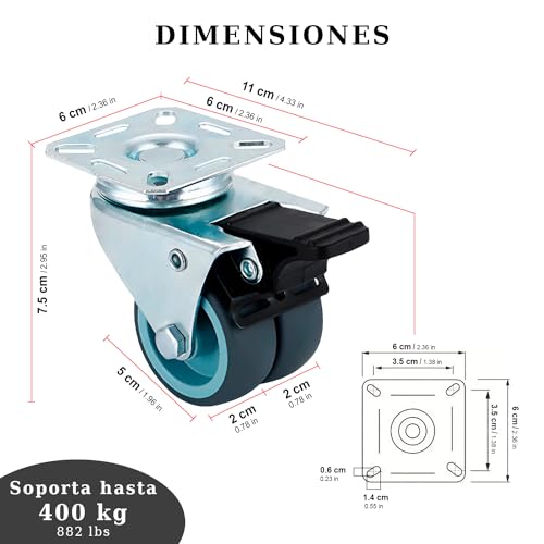 YUCONECT Ruedas para Muebles Pesados con Freno de 50 mm hasta 400kg + Destornillador, Tornillos y Arandelas - Ruedas para Palets con Movilidad Suave y Seguro. ¡Incluye Kit Completo de Montaje!