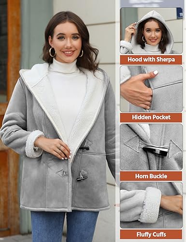 Yuson Girl Abrigos Mujer Invierno Ligeros y Calentitos Abrigo de Ante Elegante Chaqueta de Forro Polar Outwear Parka con Horn Botones Casual Sudadera con Capucha Hooded Jacket(Gris Claro, S)