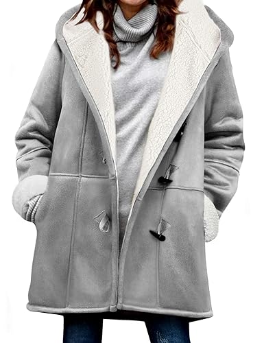 Yuson Girl Abrigos Mujer Invierno Ligeros y Calentitos Abrigo de Ante Elegante Chaqueta de Forro Polar Outwear Parka con Horn Botones Casual Sudadera con Capucha Hooded Jacket(Gris Claro, S)