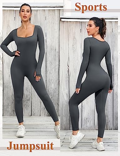 Yuson Girl Mono Deportivo Mujer Manga Larga Ajustado Jumpsuit Cuello en U Elásticos Body Overol Sexy Mono Yoga Romper Una Pieza de Punto Acanalado para Fitness Yoga Danza(Gris, M)