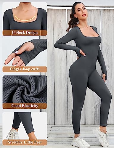 Yuson Girl Mono Deportivo Mujer Manga Larga Ajustado Jumpsuit Cuello en U Elásticos Body Overol Sexy Mono Yoga Romper Una Pieza de Punto Acanalado para Fitness Yoga Danza(Gris, M)