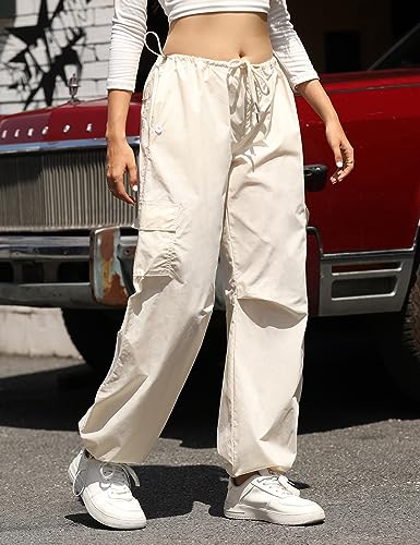 Yuson Girl Pantalones Cargo Mujer Y2K Parachute Pants Vintage Streetwear Pantalon Chandal Algodón Hip Hop Baggy Pantalones Sueltos Cintura Baja Pantalon Largos con Bolsillos,Cordón(Almendra, M)