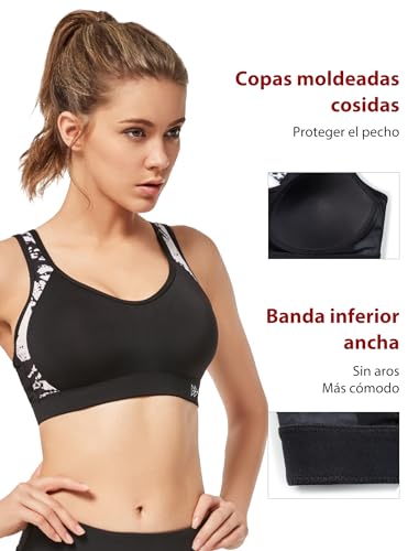 Yvette Sujetador Deportivo para Mujer con Alto Cruzado en la Espalda Impacto para Correr Yoga，Negro/impresión，110C