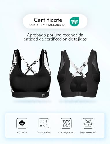 Yvette Sujetador Deportivo para Mujer con Alto Cruzado en la Espalda Impacto para Correr Yoga，Negro/impresión，110C