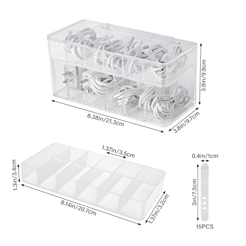 YZZAOO Caja Organizador De Cables, Caja de Gestión de Cables de doble capa con 12 Compartimentos y 15 Bridas, Caja de almacenamiento de cables Transparente para el Escritorio, Hogar y la Oficina