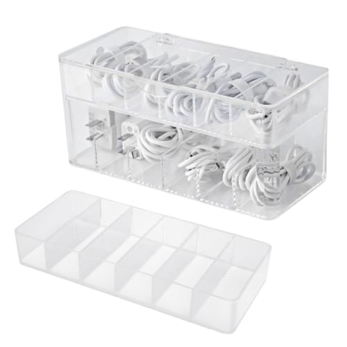 YZZAOO Caja Organizador De Cables, Caja de Gestión de Cables de doble capa con 12 Compartimentos y 15 Bridas, Caja de almacenamiento de cables Transparente para el Escritorio, Hogar y la Oficina