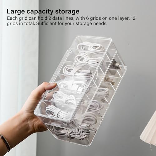 YZZAOO Caja Organizador De Cables, Caja de Gestión de Cables de doble capa con 12 Compartimentos y 15 Bridas, Caja de almacenamiento de cables Transparente para el Escritorio, Hogar y la Oficina