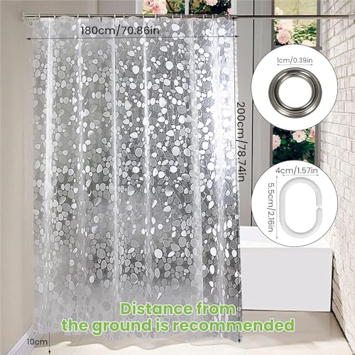 YZZAOO Cortina de Ducha, 180X200cm Cortinas de Baño Impermeable, Transparente con Patrón de Guijarros 3D, Incluye 8 Anillos de Cortina de Ducha, Cortina de Ducha para Bañera