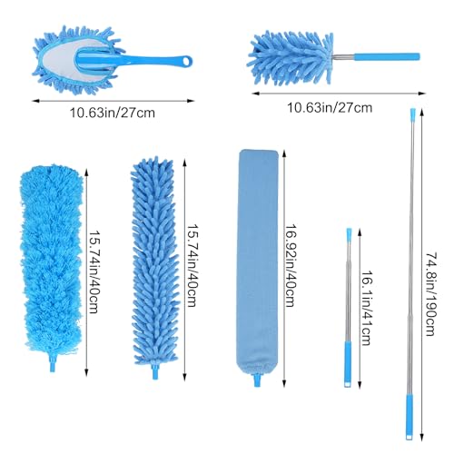 YZZAOO Plumero Telescópico, 6 Piezas Plumero de Limpieza, Plumero Atrapapolvo Microfibra Lavable con Varilla Telescópica de Acero Inoxidable, Microfibra Plumero para Muebles Coches, Extralargo 250 cm