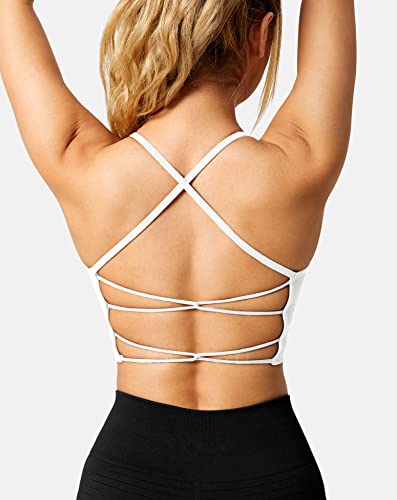 ZAAYO Sujetador de gimnasio para mujer acolchado Crossback Fitness Sport Bra acolchado en el pecho extraíble Yoga Tops de punto sin costuras ropa deportiva, #2 blanco., M