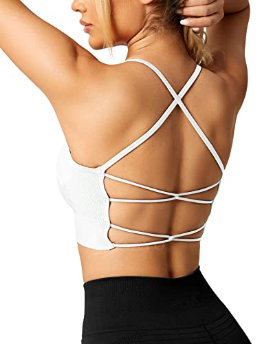 ZAAYO Sujetador de gimnasio para mujer acolchado Crossback Fitness Sport Bra acolchado en el pecho extraíble Yoga Tops de punto sin costuras ropa deportiva, #2 blanco., M