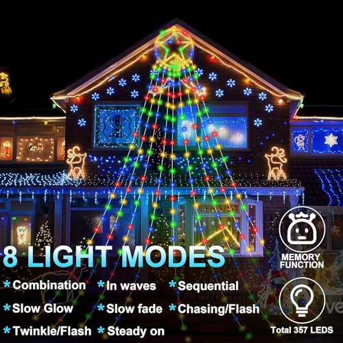 ZAKAZAKA Luces Arbol Navidad con Estrella, 357 LEDs Luces blanco iluminación cálido 8 Modos Guirnalda de Luces de Cadena Estrelladas Impermeable para la decoración, Color