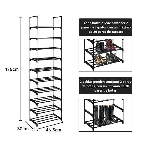 Zapatero, Organizador de Zapatos, 10 Baldas, Armario Zapatero Abierto, Estrecho, 30 x 45 x 174 cm, Estantes de Tubos de Hierro, Dormitorio, Pasillo, Trastero