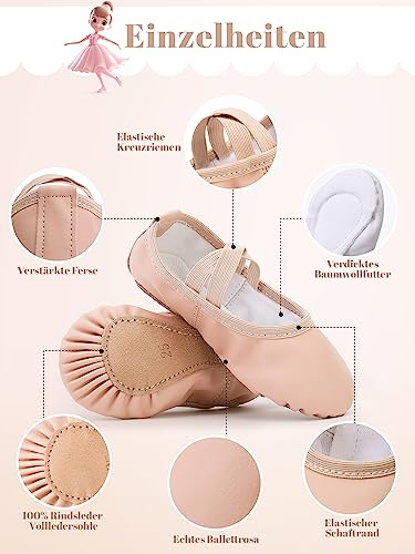 Zapatillas de ballet para niña, de piel, forro de algodón grueso, suela de piel completa, zapatos de danza, correas precosidas, zapatillas de ballet, zapatos de ballet, color rosa, talla 35, Ballet