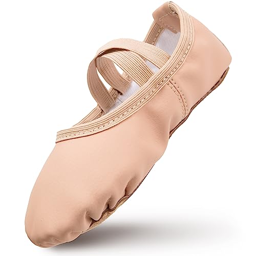 Zapatillas de ballet para niña, de piel, forro de algodón grueso, suela de piel completa, zapatos de danza, correas precosidas, zapatillas de ballet, Ballet Rosa, 33 EU