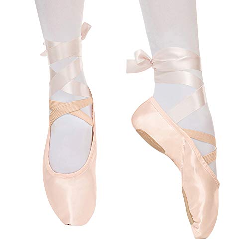 Zapatillas de Ballet Suela Partida Satín Zapatos de Danza y Gimnasia con Cinta para Niñas y Adultos 30 EU