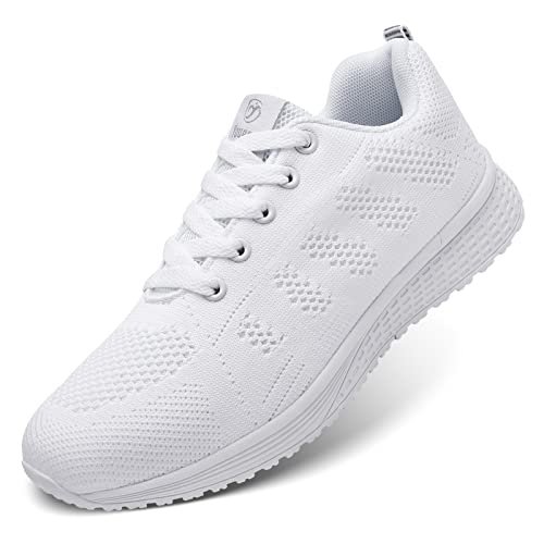 Zapatillas de Deporte para Mujer Zapatillas Deportivas para Correr Zapatos con Cordones para Caminar Zapatillas Transpirables para Correr al Aire Libre para Correr Blanco 38 EU